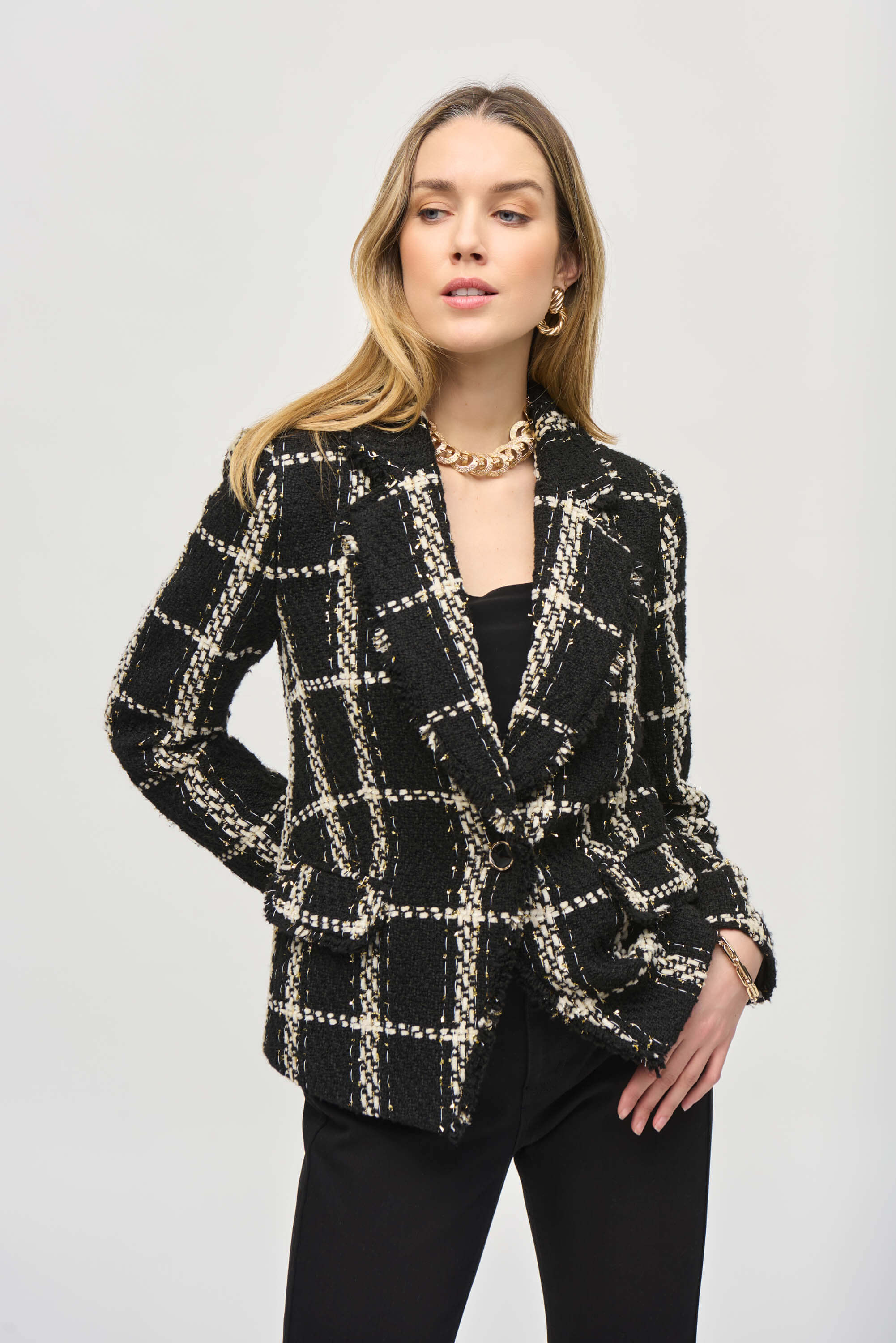 Blazer de bouclé de tartán con bolsillos - 243960