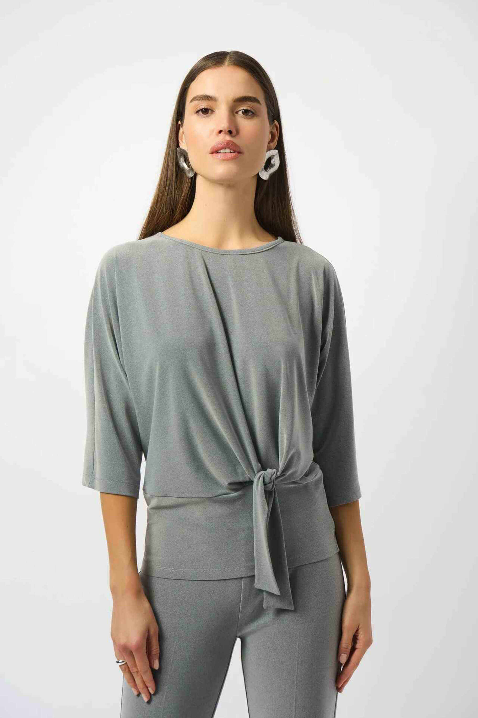 Top Boxy Melange Silky Knit con Nudo en Cintura - 253304